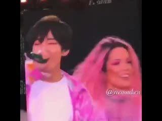 When halsey says i want it! tae is giving a big smile ah love it!! @bts twt btsinparis