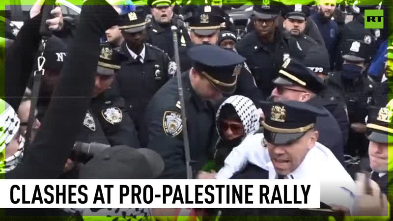 'nypd, kkk, idf they're all the same' | pro palestine demonstrators clash with police in brooklyn