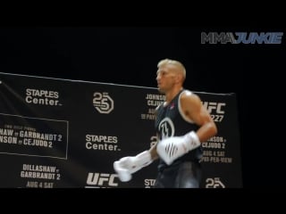 Ufc 227 headliner t j dillashaw works out with coach duane ludwig at open workouts in los angeles