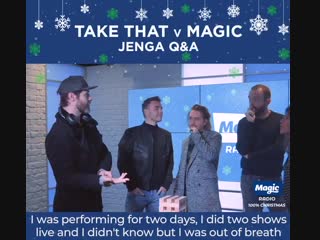 @takethat came in so we played a game of jenga qa with them of course! thanks for stopping by @garybarlow, @officialmarkon an