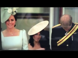 Kate, meghan and harry curtsying to the queen on balcony of buckingham palace troopingthecolour