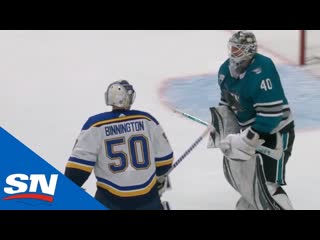 Jordan binnington goes after multiple sharks players including dubnyk after bei