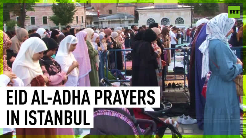 Eid al adha prayers outside hagia sophia mosque in istanbul