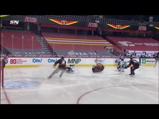 Jacob markstrom comes flying out of the net forcing huge collision with tanner pearson