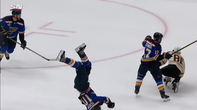 Gotta see it brayden schenn does a flip trying to lay huge hit on david pastrnak