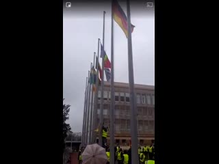 Forbach during actexvi, a protester replaces the european union flag with a yellow vest giletsjaunes yellowvests europe fra