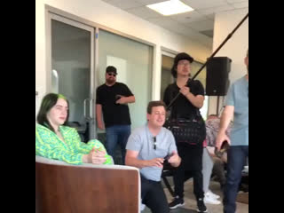 Billie, claudia and more celebrating finneas at the @kobalt offices today in los angeles