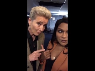 Emma thompson on the set of #latenightthemovie with co star, writer, and producer mindy kaling