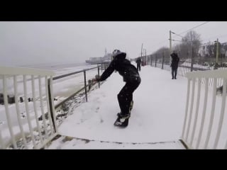 Urban snowboarding in essex during snow storm with billy morgan and paddy graham