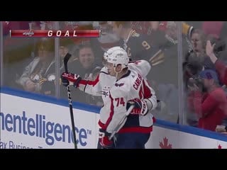 Alex ovechkin drags puck past kyle okposo and rips it past linus ullmark