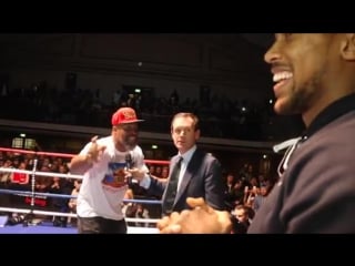 When anthony joshua met shannon briggs! lets go champ york hall erupts as heavyweight pair meet