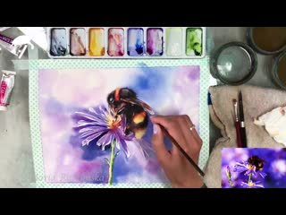 Bee and a flower painting in watercolor botanical art