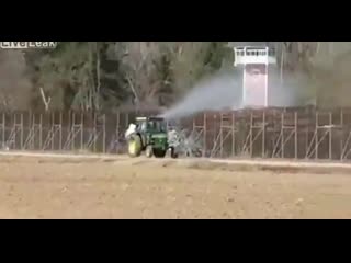 Greek farmers have started spraying the migrants trying to storm the greek border fence from their tractors