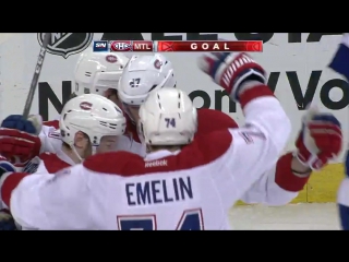 Paul byron steals the puck behind the net and passes in front to alexander radulov, who knocks it home to hand the canadiens an