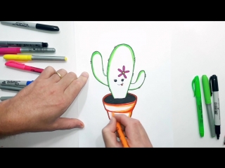 Como desenhar um cactus kawaii com uma flor