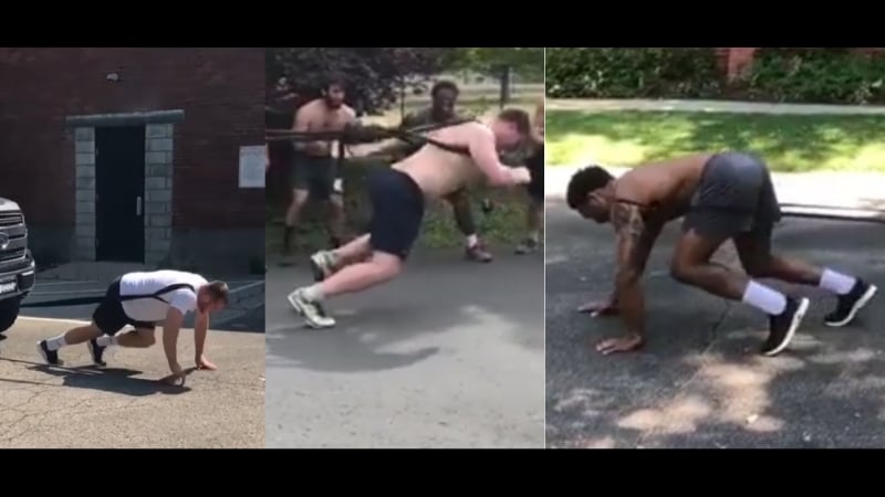 Американские борцы кайл снайдер, адам кун и джордан барроуз провели заочное соревнование по перетаскиванию авто