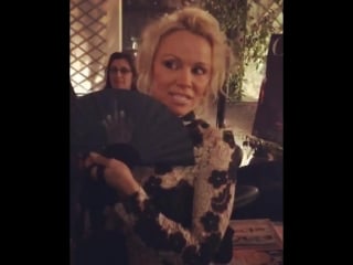 Pamela anderson with her “f*uck u” olivier bernoux fan at odda 5th anniversary cocktai