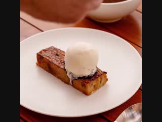 Comfort food at it's finest ! bread and butter pudding with warm custard and zabaglione ice cream @breadstreetkitchendubai