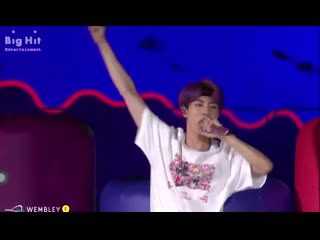 Purple haired seokjinnie with a headband and tucked in shirt almost slipping while bouncing but he regained his balance at the e