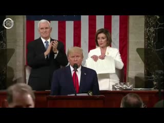 Watch president donald trump snub top democrat nancy pelosi's outstretched hand, while pelosi rips apart a copy of his remarks