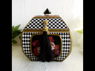 Checkered casket,black white box,jewelry box,black gold box,whimsical painting,mackenzie childs