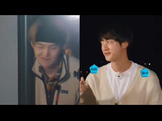 The way jin froze with a cheeky smile on and send yoongi a finger heart when he appeared
