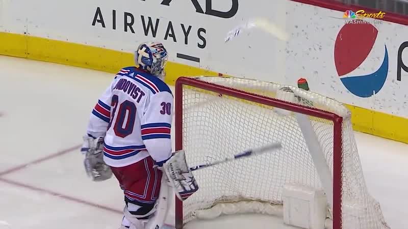 Tom wilson scores, henrik lundqvist breaks his goal stick in frustration