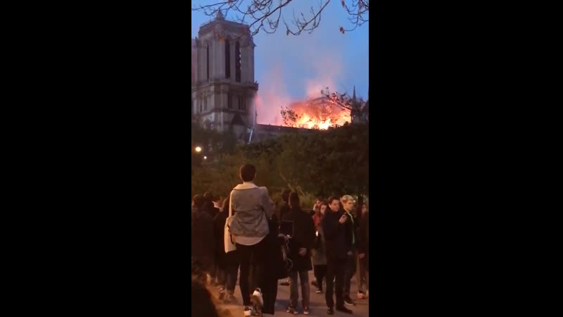Парижане поют молитву у горящего собора нотр дам де пари