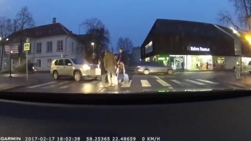 Эстонский водитель хотел перевести бабульку, а поставить машину на ручник забыл