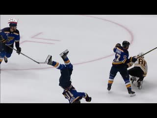 Gotta see it brayden schenn does a flip trying to lay huge hit on david pastrnak