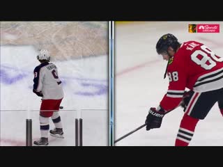 Patrick kane and artemi panarin shot a few pucks at each other before getting off the ice