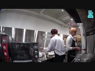 Yoonjin cooking calmly on the same side of the kitchen while the other side is a chaotic mess // yoonjin // seokjinism