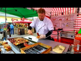 Prague ham, sausages and huge skewers tasted in prague street food of the czech