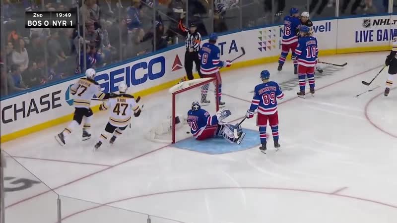 Patrice bergeron scores after david pastrnak runs into henrik lundqvist