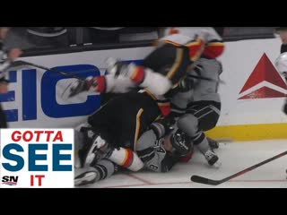 Gotta see it drew doughty hits matthew tkachuk, flames and kings start brawl (720p)