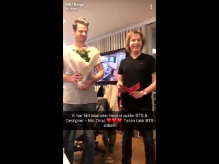 110218 you are so precious! when @nrjnorge played mic drop remix and norwegian armys thanked them by delivering flowers!