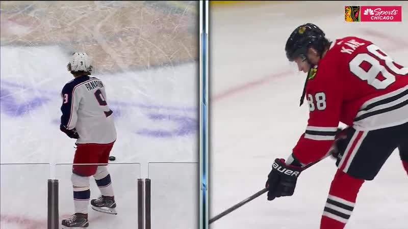 Patrick kane and artemi panarin shot a few pucks at each other before getting off the ice