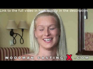 Blonde wearing a short red dress came to the woodman at the casting