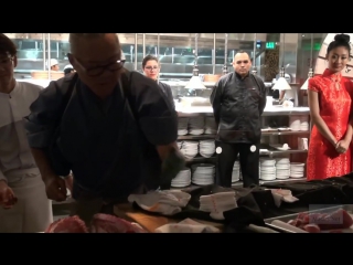 Morimoto asia grand opening live sushi making demo with 100lb tuna, chef morimoto meets chef mickey