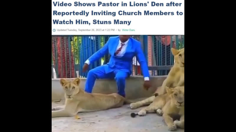 Пастор в африке пригласил прихожан в зоопарк, где вошел в клетку ко львам и реконструировал библейскую притчу о данииле