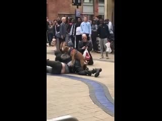 2 spiced up dudes in town having a fight while their dog dry humps them best lunch break ever