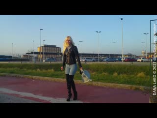 Dana labo my blonde wife in spring clothing, walk shiny boots over knee, leath