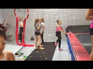 Mackenzie and brynn doing tumbling tricks and training in class at aldc la!