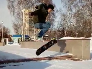 360 flip on a snowskate, 2 stairs