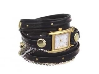 La mer collections womens lmduostud001 venice gold tone watch with wraparound black leather ba