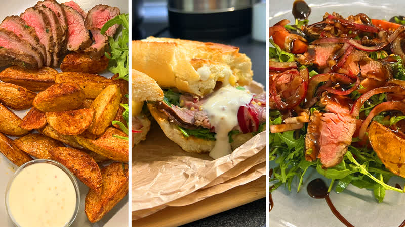 Блюда с ростбифом сэндвич | картофельные дольки | салат