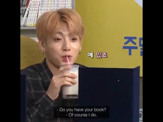 Jungkook drinking his beverage in the cutest way possible while his bambi eyes are twinkling & the way he said “yeah i do” in