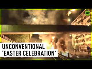 Greeks celebrate easter by throwing molotov cocktails and setting street fires