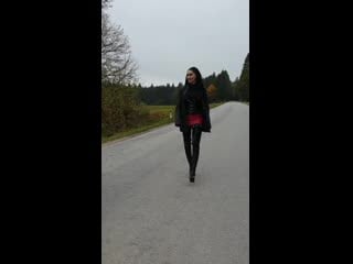 Granate styling, walking on public road, crotch high boots, high heels, latex ul